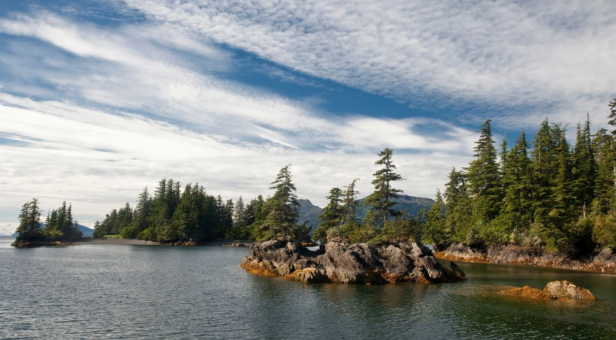 Forested rocky islets and a spruce shoreline reflected in the calm water of Prince William Sound under a cirrus sky